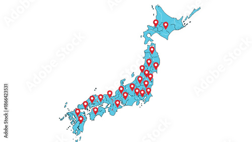 Detailed map of Japan in blue with numerous red location pins spread across the various regions and prefectures for travel info.