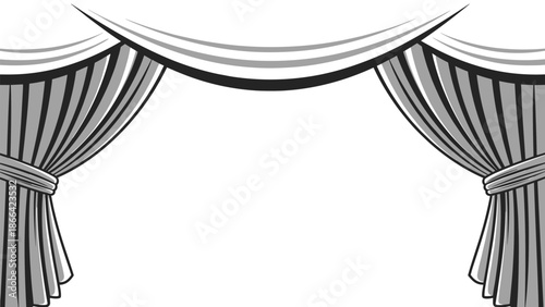 Stage curtains in grayscale design with elegant folds and drapes create a classic theater atmosphere for performance backgrounds.
