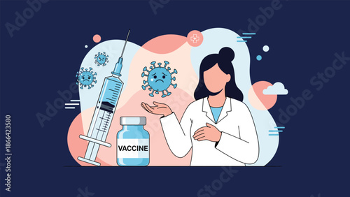 Female doctor presents the covid-19 vaccine bottle and syringe next to virus icons to promote immunization and public health.