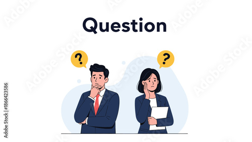 Professional man and woman in business attire look confused and thoughtful under question marks for problem solving concepts.