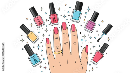 Hand with pink manicured nails and a gold ring is displayed among many colorful nail polish bottles and decorative sparkles.
