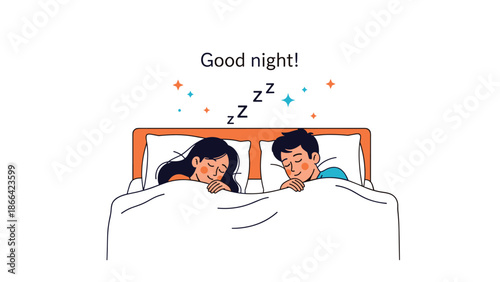 Man and woman sleep peacefully together in a cozy bed under a white blanket with a good night message and starry background.