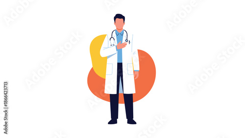 Male doctor in a white coat and stethoscope standing with his hand over his heart symbolizing medical trust and compassion.