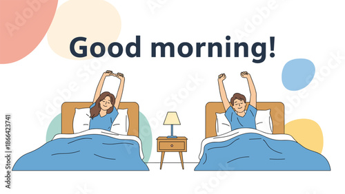 Young man and woman waking up in their separate beds and stretching their arms to greet a bright good morning together.