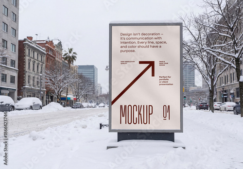 Template Mockup Outdoor City Billboard Poster Advertising Branding and Identity in Winter Snow Street