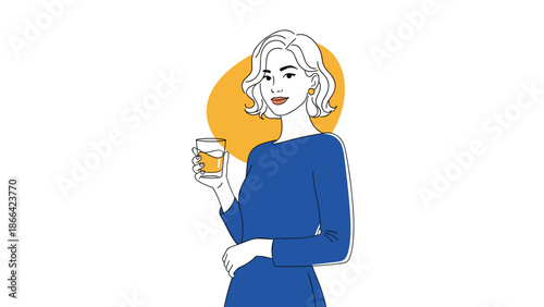 Stylish woman with blonde hair wearing a blue dress and holding a glass of orange juice against a simple yellow background.
