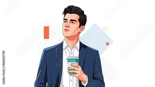 Confident handsome man in a business suit holding a take-out coffee cup and looking thoughtfully into the far distance.