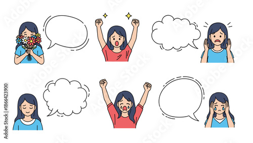 Young woman expresses a wide range of emotions including happiness, excitement, sadness, and deep contemplation in various poses.