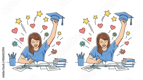 Determined student studies hard at her desk and eventually celebrates her graduation by throwing her mortarboard cap into the air.