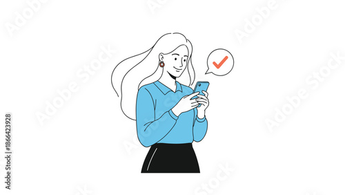 Young woman with long blonde hair smiles while looking at her smartphone which shows a red checkmark icon in a speech bubble above.