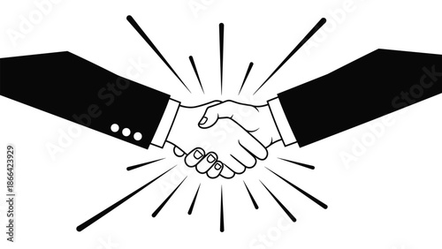 Powerful black and white illustration of two hands shaking in a firm grip with radiating lines indicating a successful business deal.