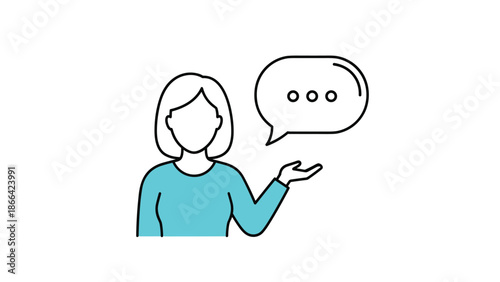 Woman in blue shirt presenting empty speech bubble with ellipsis indicating thought or silence in flat vector style.