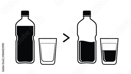 Infographic icons comparing liquid levels in plastic water bottle and drinking glass using greater than symbol concept.