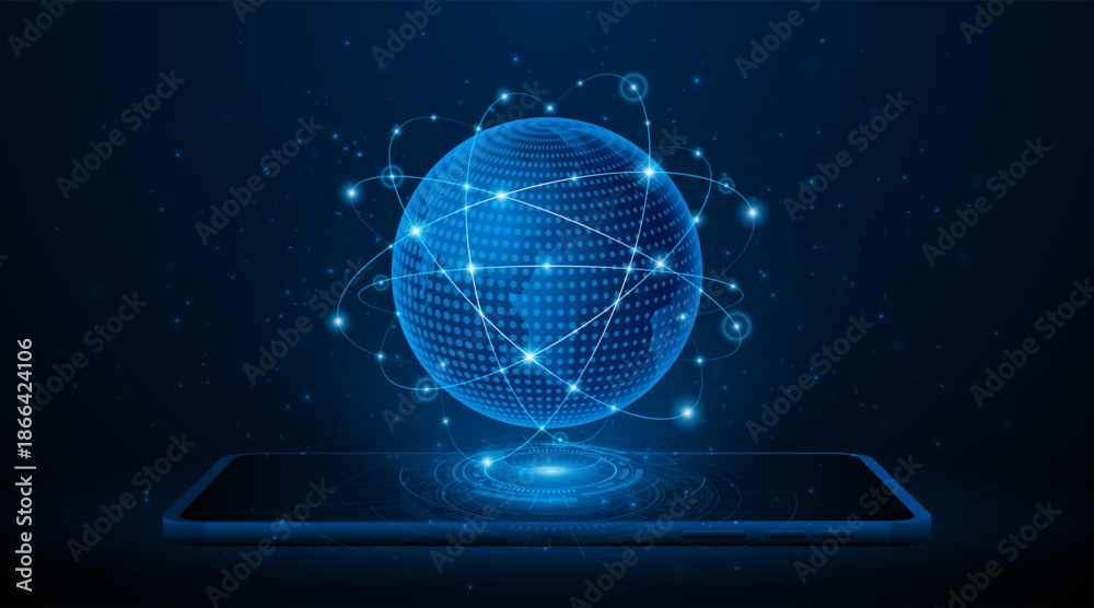 Obraz premium Global connection network background. World map set on a tablet or smartphone. Internet technology concept, wireless network or global communication