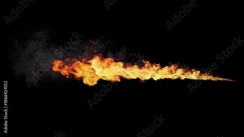 Isolated Long Flame Thrower start from zero at right finish at left with Orange and Yellow fiery colors and swirly fire on a black background