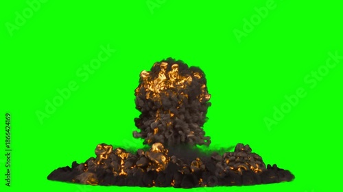 Isolated Huge Nuke Blast from the ground with high and large smoke cloud rising up straight and spreading outwards on uniform green background
