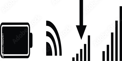 PrintBlack and white vector illustration set of mobile phone status icons including battery charge levels wireless signal strength and data download indicators.