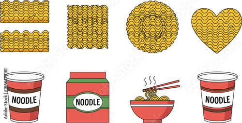 Vector illustration set of instant ramen noodle products including dry noodle bricks a heart shape cup noodles and a bowl with chopsticks.
