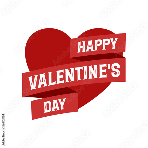 Happy valentine's day red ribbon banner on big heart background. Vector illustration isolated on white background
