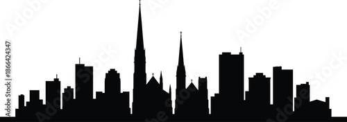 PrintAdelaide city skyline silhouette, South Australia urban landscape, church spires, downtown buildings, metropolitan architecture profile, travel icon, vector illustration, black.