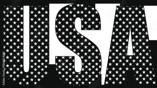 PrintBlack and white USA text silhouette with a star pattern fill, perfect for patriotic holidays, Fourth of July, and American.