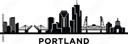 PrintBlack silhouette of Portland Oregon city skyline featuring iconic buildings and bridges, urban landscape for travel, tourism, and architectural design.