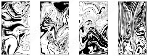 Collection of 4 ebru liquid marble. Set of abstract black marble or epoxy textures on a white background. 