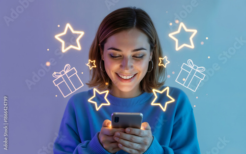 A happy woman is looking at mobile phone with shiny stars and gift icons in background. Rewards, loyalty program, shopping online, promotion & digital marketing.