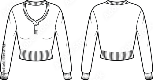 PrintCropped sweater flat sketch illustration, fashion garment technical drawing vector, apparel design outline icon, clothing construction sketch art, stylish knitwear pattern set