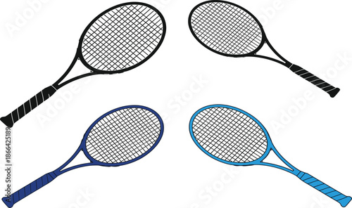 Vector illustration set of tennis rackets featuring various frame colors including black dark blue and light blue with detailed black string patterns.