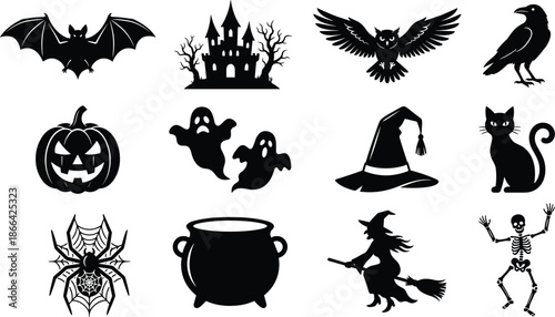 PrintHalloween silhouette icons set with spooky pumpkin bat ghosts and witch, black vector elements for scary party decorations and seasonal holiday