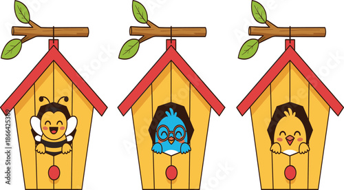 Vector illustration set of yellow wooden birdhouses hanging from branches featuring a cute honey bee blue bird and yellow chick character.