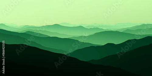 Abstract Layered green mountains stretch across the horizon, creating a serene and captivating vista. This image portrays the grandeur of nature, with a focus on depth and color.