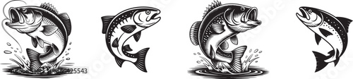vintage jumping fish illustration set in bold black and white engraving style for fishing logos