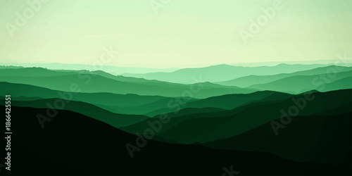 Abstract A tranquil panoramic vista captures a series of rolling emerald mountains layered in a symphony of natural tones.