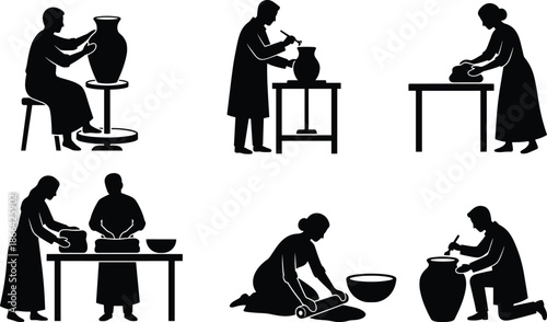 PrintProfessional black silhouettes of potters and ceramic artists crafting clay pottery, vases, and bowls, traditional artisan workshop, creativity, and hobby.