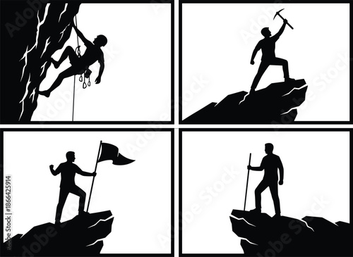 PrintProfessional black silhouettes of rock climbers and mountaineers reaching the summit, climbing cliff, celebrating success with flag, and mountain adventure.