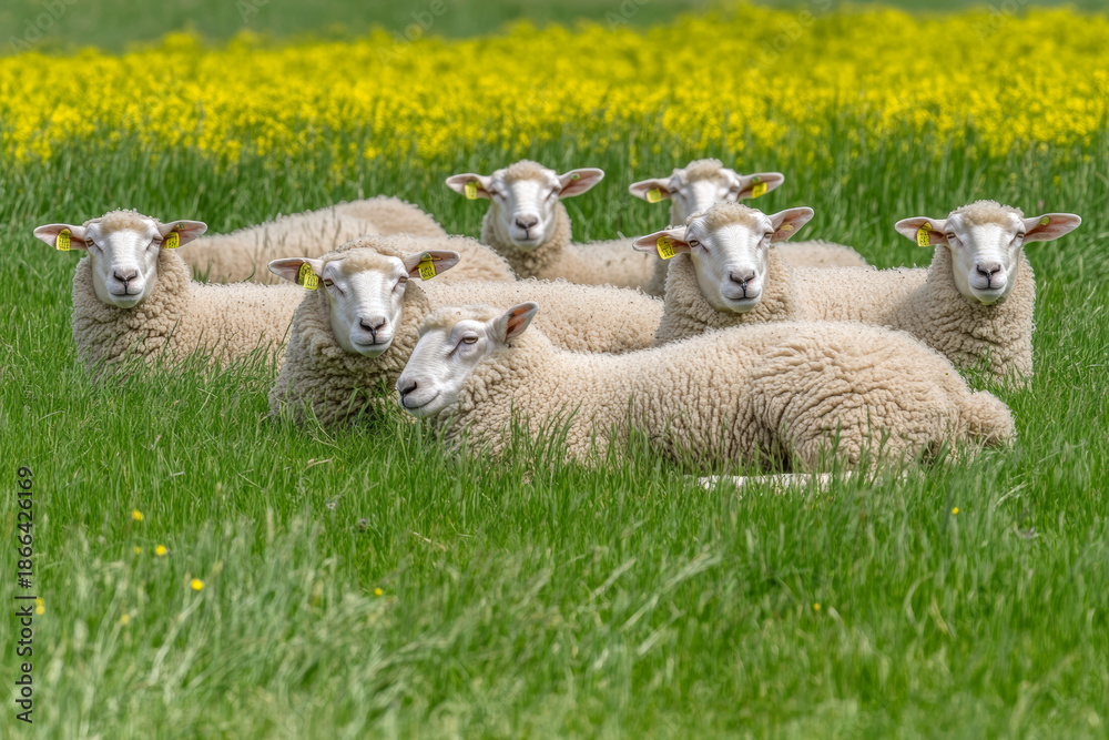 Fototapeta premium A Flock of Sheep Resting in a Vibrant Green and Yellow Field