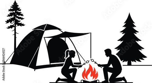 PrintSilhouette of a couple camping in nature, roasting marshmallows over a bonfire near a tent and pine trees, outdoor adventure.