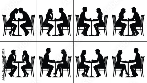 PrintSilhouettes of young couples sitting at restaurant tables on a date, romantic dinner, communication, relationship concepts, cafe meeting, and partnership.