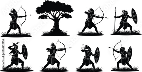 Tribal warrior silhouette, bow and spear stance, shield combat pose, traditional attire, jungle grass scene, black vector illustration
