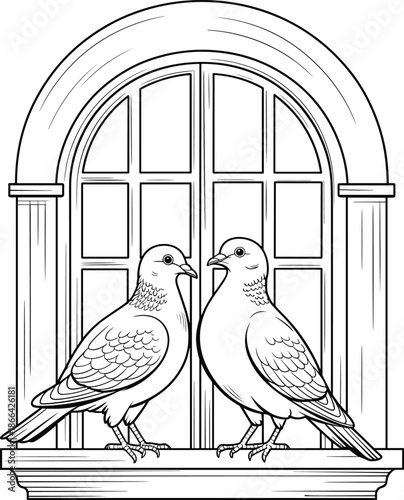 PrintTwo doves sitting on the ledge of an arched window, romantic birds line art illustration for coloring book, nature vector.