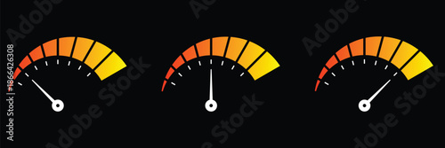 Three speedometers with orange and yellow gauges showing low to high performance
