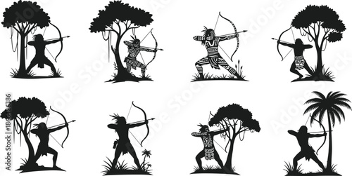Tribal archers silhouette, jungle setting, bow and arrow pose, cultural warrior stance, forest hunting scene, traditional attire illustration