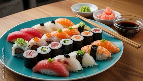 Delicious sushi assortment on blue plate with chopsticks