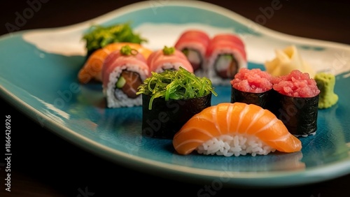 Delicious sushi platter with salmon sashimi and rolls