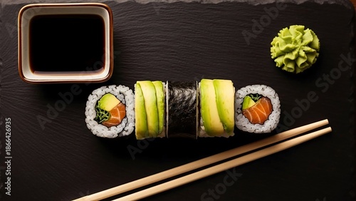 Delicious sushi rolls with avocado and salmon on a slate plate