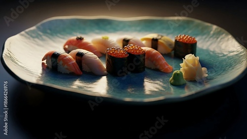 Delicious sushi on a plate with salmon and caviar