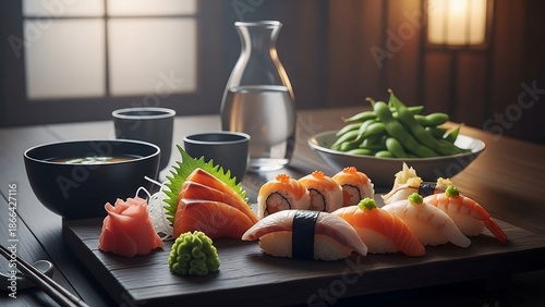 Delicious sushi platter with sashimi and edamame in cozy Japanese restaurant