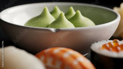 Delicious green dumplings in a white bowl with sushi
